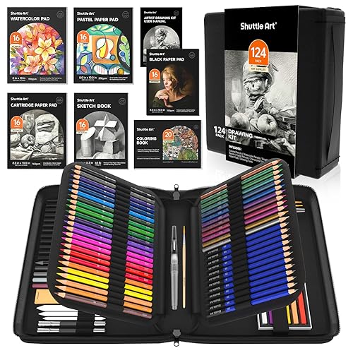 Shuttle Art 124 PCS Drawing Kit, Professional Drawing Supplies with Sketch, Charcoal, Colored, Graphite, Pastel Pencils & Sticks, Complete Drawing Tools and Paper Pads in Zipper Case for Artists&Kids - 124