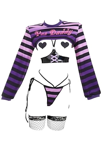 MEOWCOS Women's Lingerie Rainbow Stripe Lingerie Top and Panty Set Bikini Short Tops Panty with Stockings