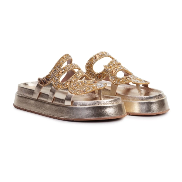 Sandália Plataforma Flat Feminina Pedrarias Chatons Moda Casual Passeio Dia a Dia Mulher Elegante Dourado