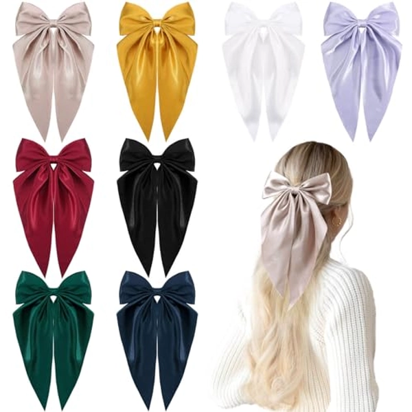 8Pcs Satin Layered Hair Bows for Women Girls, 6.5 Inch Large Barrette Hair Clip Long Ribbon Bows French Style Hair Accessories