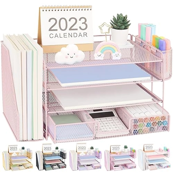 OPNICE Desk Organizers and Accessories, Desk Accessories & Workspace Organizers for Office Supplies, File Organizer Desk Drawer Organizer with 2 Pen Holders, 4 Tier Paper Organizer for Desk(Rose Pink)6