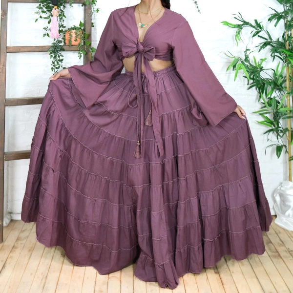 Flowy Tiered Long Cotton Skirt + Flare Sleeve Top,Whimsical Flowy Summer Hippie Maxi Skirt, Retro Bohemian Outfit, 90s,Festival Boho Fashion