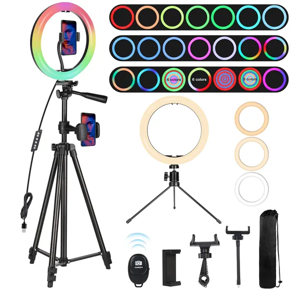 Railee Luce ad Anello LED con Treppiede, 10" Ring Light Luce Tik Tok 21 Modalità Colore RGB e 9 Luminosità Luce LED Anello Alimentazione USB per TikTok, Trucco, Selfie, YouTube Video e Fotografia
