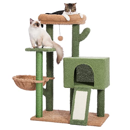PETEPELA 104cm Cactus Cat Tree with Sisal Covered Scratching Post and Cozy Condo for Indoor Cats, Cat Climbing Stand with Plush Perch &Soft Large Hammock for Multi-Level Cat Play House - M