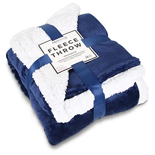 Adore Home Sherpa Fleece Throw Blanket Fluffy Soft Teddy With Flannel Front Double Size 150x200cm Checked & Plain, Navy - Navy Blue