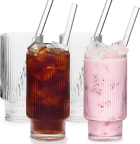 Ribbed Glassware Set of 4, 14oz Glass Cups with Glass Straws, Ribbed Juice Glass Fluted Glassware Drinking Glasses for Margaritas Whiskey Smoothie Ice Tea Coffee Soda Cocktail - Vintage style: 4 cups with glass straw