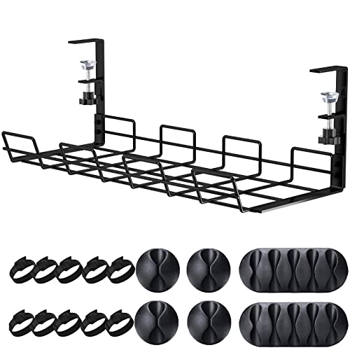 Tyrkuiy No Drill to Desk Cable Management Tray, Under Desk Cable Organizer for Wire Management, Sturdy Metal Cable Tray Basket for Office and Home Standing Desk - 1PACK - Black