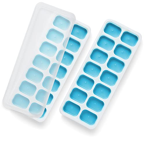 KEPLIN 2pk Silicone Ice Cube Trays with Non-Spill Lids, Easy to Remove Ice Cube Tray, LFGB Certified BPA Free, Flexible Silicone Ice Cube Moulds, Parties, Drinks, Cocktails & Frozen Liquids (2pk Blue) - Blue - 2 Pack