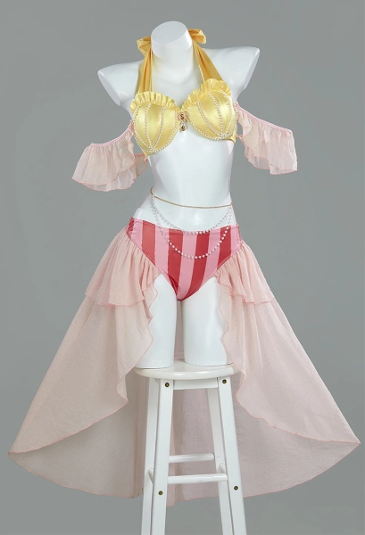 Mermaid Princess Derived Two-Piece Swimsuit Halter Top Bottoms Bathing Suit with Sleeves and Waist Chain