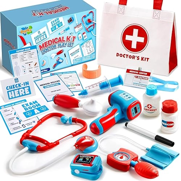 Play-Act Kids Doctor Kit, 16-Piece Pretend Play Medical Kit with Bag, Doctor Role Play Set with Realistic Toy Stethoscope, Reusable Record Cards, Dress Up Playset for Toddlers Ages 3+