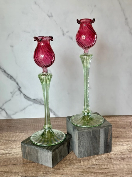 Egyptian Mouth Blown Ball Shape Tulip Swirl Christmas Candle Holder Set of 2 (Red/Green), Pillar Candlestick Holder Holiday Home Decor