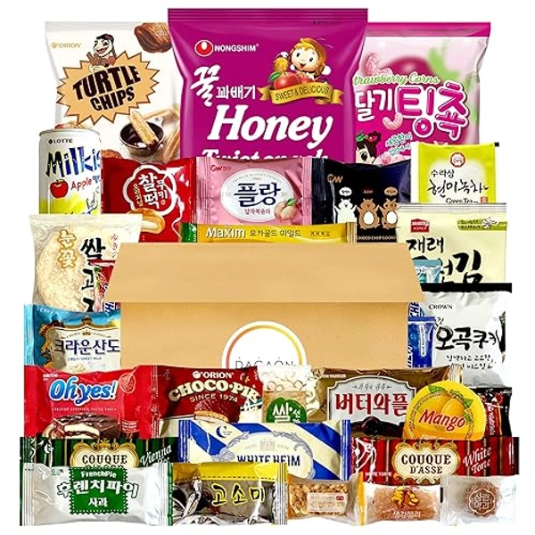 Dagaon Favorite Korean Snack Box 30 Count - Appetizing Gift and Care Package for any occasions and everyone. Variety of Korean Treats Including Top Picked Chips, Biscuits, Cookies, Pies, Candies.