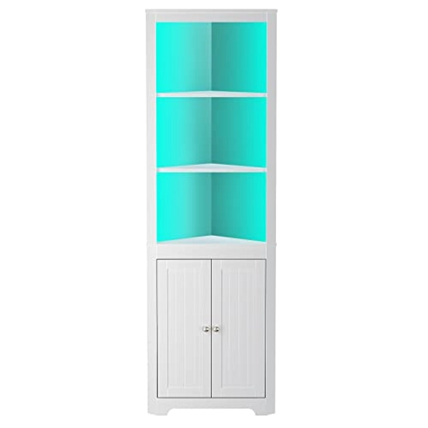 Rolanstar Corner Shelf with LED Light, White Corner Cabinet, 5-Tier Storage Cabinet with Doors, Tall Corner Bookshelf Corner Stand for Living Room, Laundry Room, Kitchen, Bar, Small Space