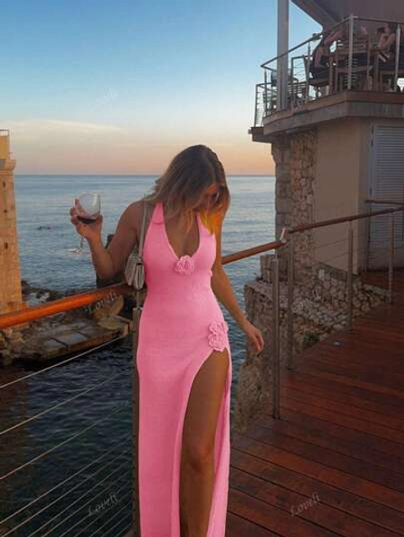 Women's Vacation Style V-Neck Halter Sexy Knitted Sweater Dress Backless Embroidery Open Leg Sleeveless Floor-Length Satin Gown Maxi Spaghetti Strap Floral Bodycon Beach Long Cover Up Summer Side Slit Cocktail Party Dresses