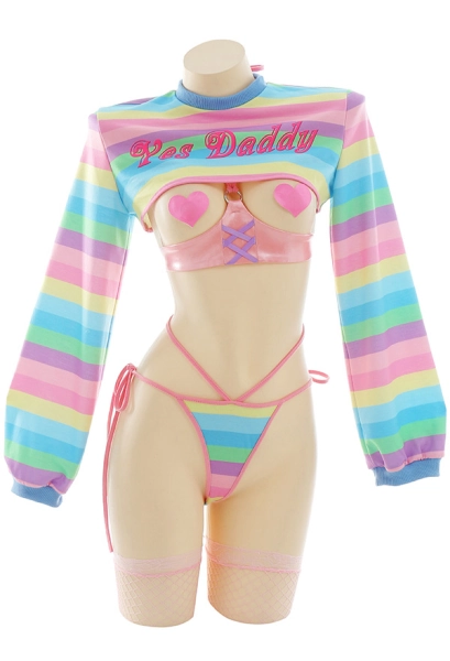 SUGAR BABY Yes Daddy Sexy Lingerie Set Rainbow Stripe Long Sleeve Short Tops and Panty with Stockings