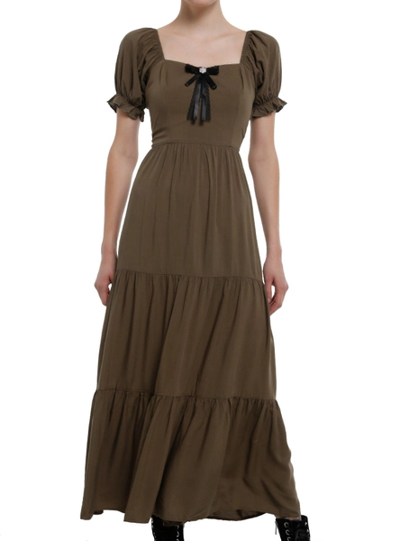 Olive Green Pearl Bow Puff Sleeve Maxi Dress