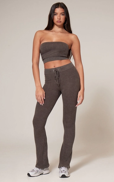 Chocolate Faded Contour Rib Tie Waist Skinny Flared Trousers