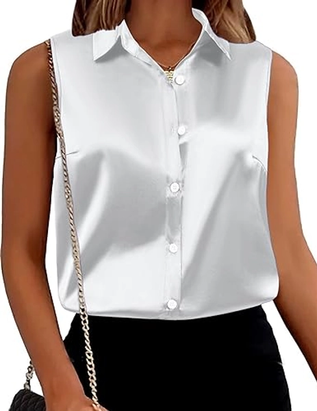 Maysoar Satin Tank Tops Button Down Silk Shirts for Women Sleeveless Top Elegant Summer Office Work Shirt