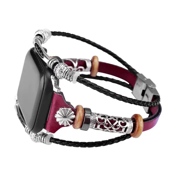 BOVIPO Compatible with Apple Watch Band 44mm 45mm 42mm 40mm 41mm 38mm, Handmade Leather Bracelets Boho Bead Strap Women Men Thin Slim Wristband Accessories for iwatch Series SE 7 6 5 4 3 2 1