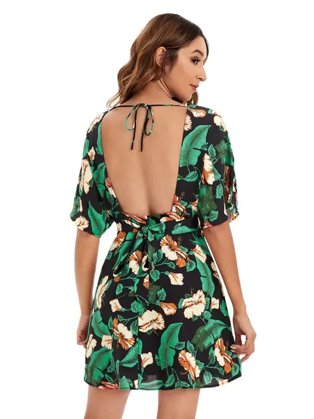 Floerns Women's Ditsy Floral Plunge Neck Knot Front A Line Short Dress