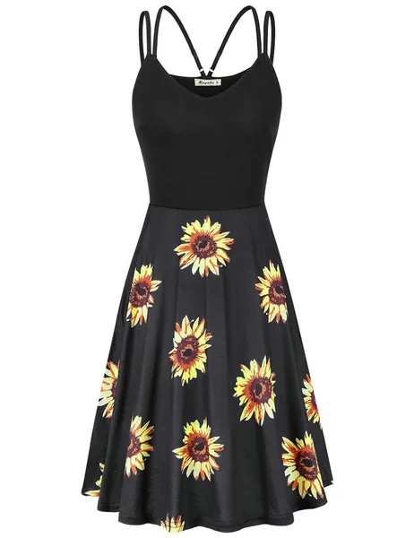 Moyabo Women's V Neck Sleeveless Floral Double Spaghetti Strap Summer Casual Swing Dress with Pockets