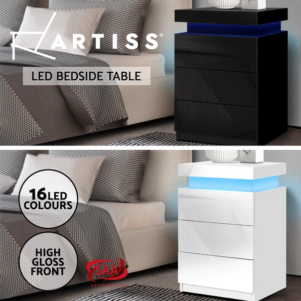 Artiss Bedside Table Side Table 3 Drawers RGB LED High Gloss Nightstand Storage