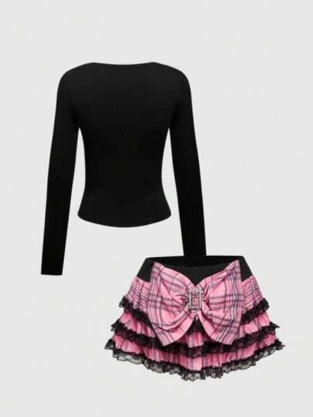 ROMWE J-Fashion 2 Pieces Set Women Cute Schoolgirl Style Plaid Bow Decor