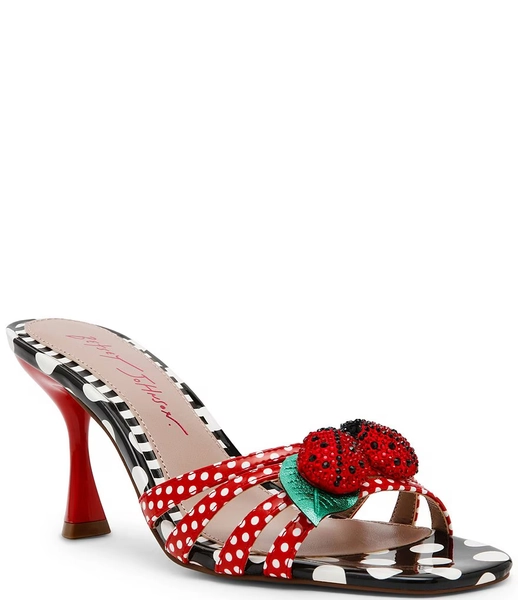 Betsey Johnson Cloverr Strappy Polka Dot Rhinestone Ladybugs Dress Slide Sandals