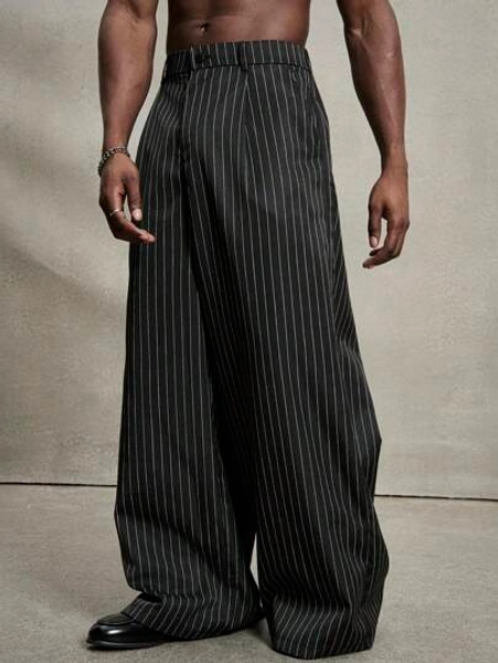 Manfinity Streetrush Manfinity Streetrush Men's Casual Commute Striped Wide Leg Pants, Mens Pinstripe Pants Mens Wide Leg Pants Mens Pleated Pants Mens Baggy Pants Pinstripe Wide Leg Pants,Boy Friend Gifts,Streetwear Men
