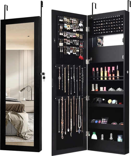 COSTWAY Szafka na biżuterię z lustrem i oświetleniem LED Naścienna szafka na kosmetyki