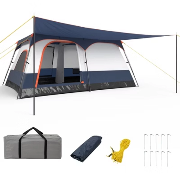 Tangkula 10-Person Camping Tent with Porch Large Family Cabin Tent w/ 2 Rooms 2 Doors Blue