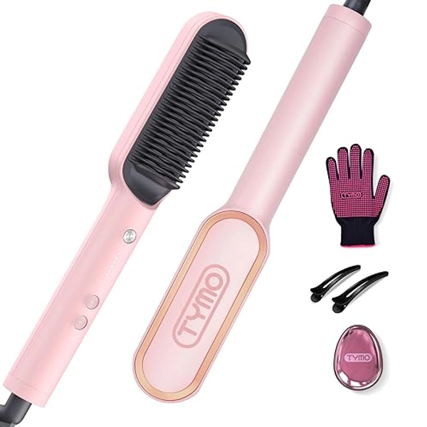 TYMO Ring Hair Straightener Brush for Women – Hair Straightening Iron with Built-in Comb, 20s Fast Heating & 5 Temp Settings & Anti-Scald, Perfect for Professional Salon at Home, Sakura Pink