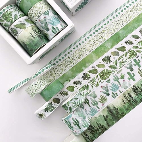 8 Rolls Washi Tape Set, Cute Green Plants Floral Animals, Decorative Tape for Scrapbooks, Journals, DIY Decor and Craft Aplied (Green) - Green