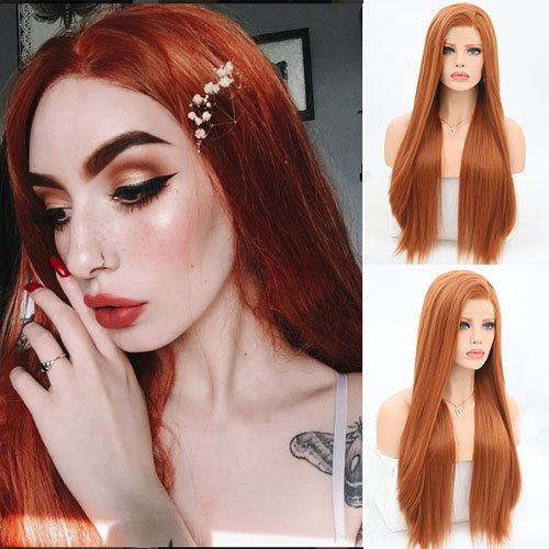 Blue Bird Lace Front Wigs Long Silk Straight Orange Wig Natural Straight Copper Color Free Part Heat Resistant Synthetic Full Wig for Women Girls