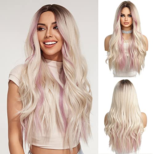 OUFEI Ombre Blonde Wigs with Pink Purple Highlight for Women Long Curly Wig Synthetic Hair Heat Resistant Wigs for Daily Party Cosplay Wear - Pink purple highlight blonde