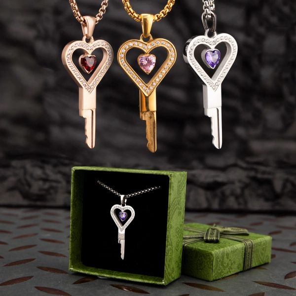 Gemstone Heart Key Necklace: Silver, Gold, Rose Gold