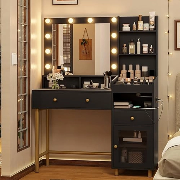 VIAGDO Black Vanity Desk with Mirror and Lights, Makeup Vanity with Charging Station & 3 Storage Compartments, Makeup Desk with Drawers and Open Storage Shelves, Bedroom Dressing Table