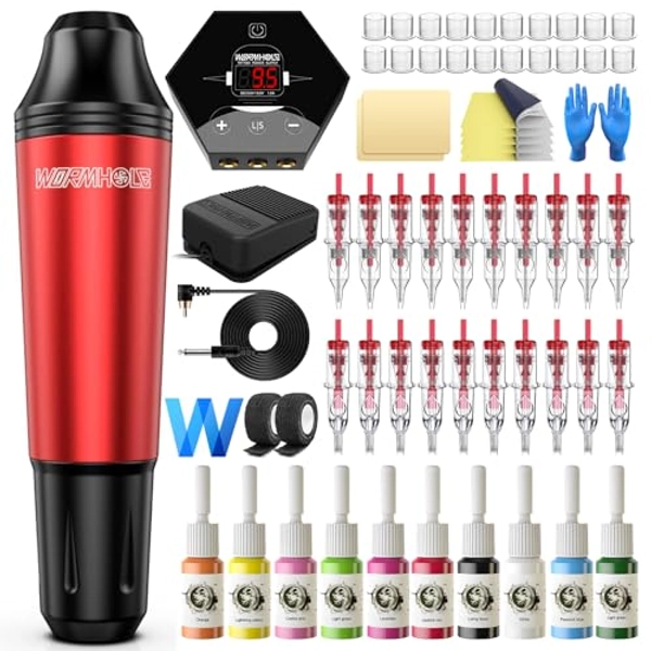 Wormhole Tattoo Machine Kit 20 Cartridge Needles Rotary Tattoo Machine Kit Complete Tattoo Gun Kit 10 Tatttoo Ink for Beginners & Tattoo Artist