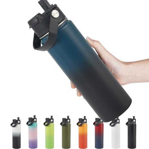 Kerilyn Stainless Steel Insulated Water Bottle, 24oz Double Wall Vacuum Insulated Water Bottle Leak Proof with Silicone Straw, Wide Mouth Lid, BPA Free, Keep Cold and Hot, 24oz, Blue Gradient - 24oz - Blue Gradient