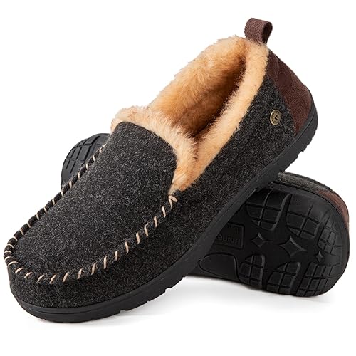 HomeTop Men's Memory Foam Moccasin Slippers, Indoor and Outdoor Warm Fuzzy Fleece House Shoes - 10 - Carbon Black