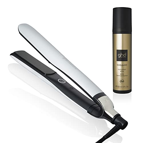 ghd Platinum+ Styler 1" Flat Iron Hair Straightener, Ceramic Straightening Iron Professional Hair Styling Tool for Stronger Hair, More Shine, & More Color Protection - White + Heat Protect Spray