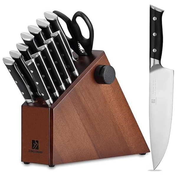 15 Pcs Sharp Knife Set Home Cooking Chef Gifts for Women Men: Kitchen Knife Set Stainless Steel Cutting Sharp Knives - Knife Block Set with Built-in Sharpener Acacia Wood Walnut Finish,Black Handles