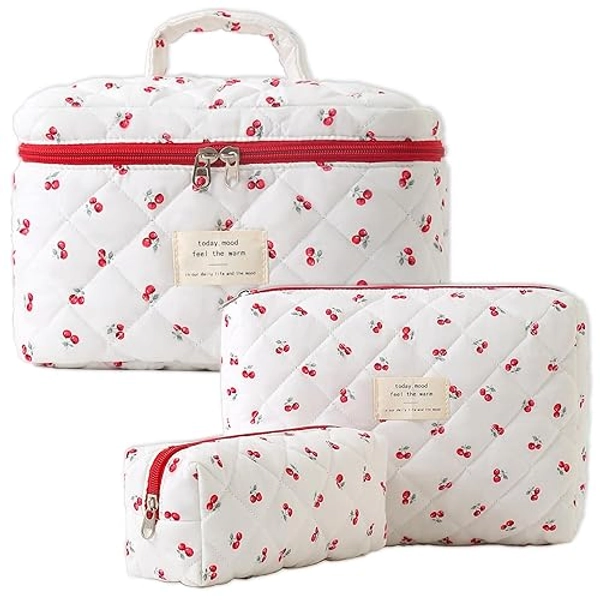 Makeup Bag,Quilted Cosmetic Bag,Large Floral Make Up Bag for Women,Cotton Makeup Bag Set,Flower Travel Toiletry Bag