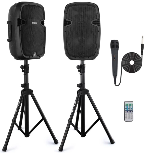 Active + Passive Pa Speaker System Kit - Dual Loudspeaker Sound Package, 10'' Subwoofers, Bluetooth Wireless Streaming, Includes (2) Speaker Stands, Wired Microphone, Remote Control (1000 Watt)