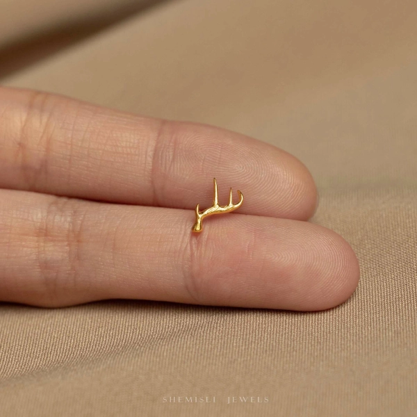 Tiny Stag Deer Antler Threadless Flat Back Earring, 20,18,16ga, 5-10mm Unisex, Surgical Steel SHEMISLI SS1183