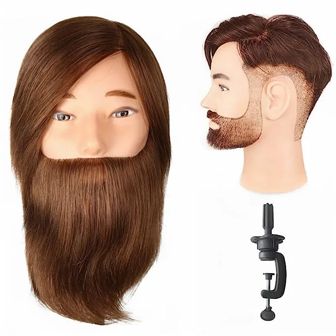Romance Queen Male Mannequin Head With Hair Human Hair Manikin For Men Cosmetology 8inch Straight Beard Manikin Head With Human Hair with Stand Practice Cutting Styling (8inch) - 8 Inch