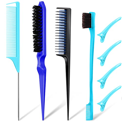8 Pcs Teasing Brush Set Edge Brush Comb with Hair Clips Grooming Hair Styling Comb Teasing Dual Edges Hair Brush Triple Teasing Comb Sturdy Rat Tail Comb for Women Girls Kids Hair Stylists (Blue) - Blue