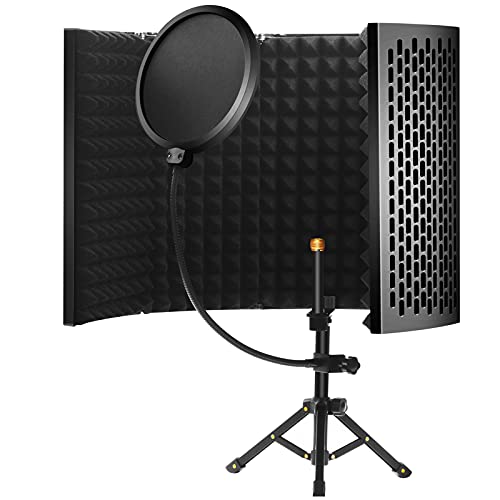 Microphone Isolation Shield with Tripod, Vocal Booth Isolation Shield Pop Filter 5-Panel Foldable Sound Absorbing Foam Suit for Blue Yeti and Any Condenser Microphone Recording Studio - Isolation Shield with Tripod