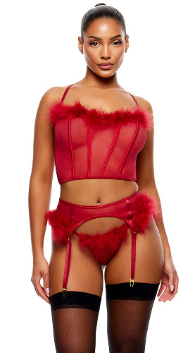 Bare It All Mesh Marabou Bra & Garter Set