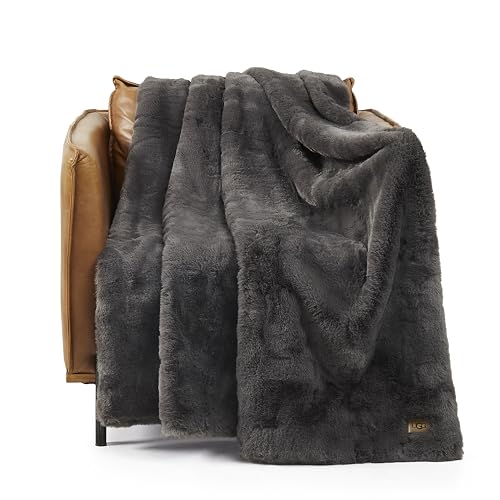 UGG 16802 Euphoria Plush Faux Fur Reversible Throw Blanket for Luxury Hotel Style Couch or Bed Blankets Cozy Machine Washable Luxurious Fuzzy Fluffy Sofa Throws, 70 x 50-inch, Charcoal - Grey - Throw